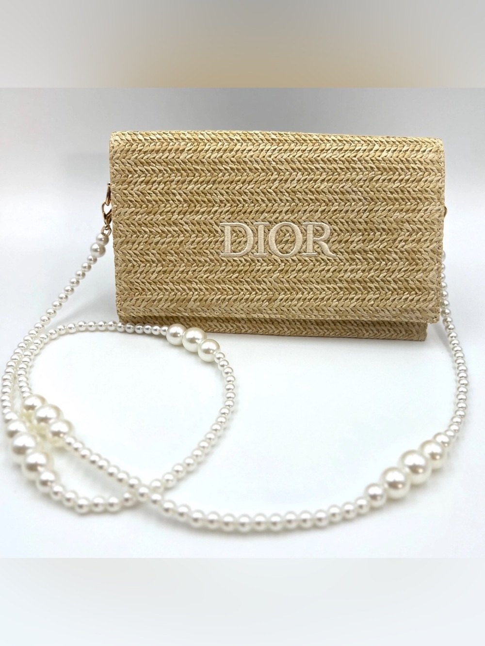 Christian Dior Straw Raffia Woven Purse Bag Pouch with Strap New in Box